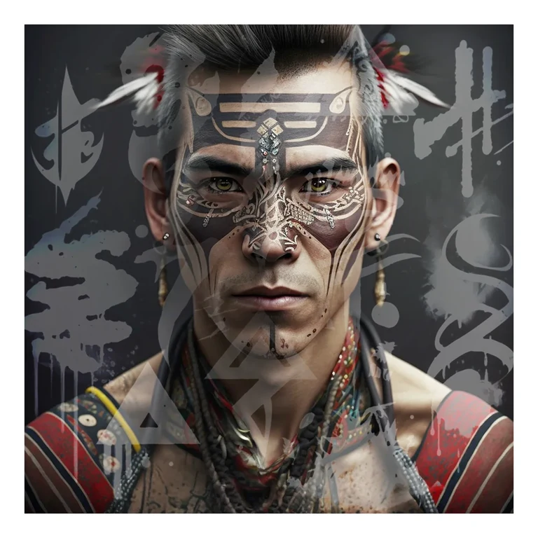 New Age Shamans — Porträt mit überlagerten grafischen Symbolen · Rote Farbvariante