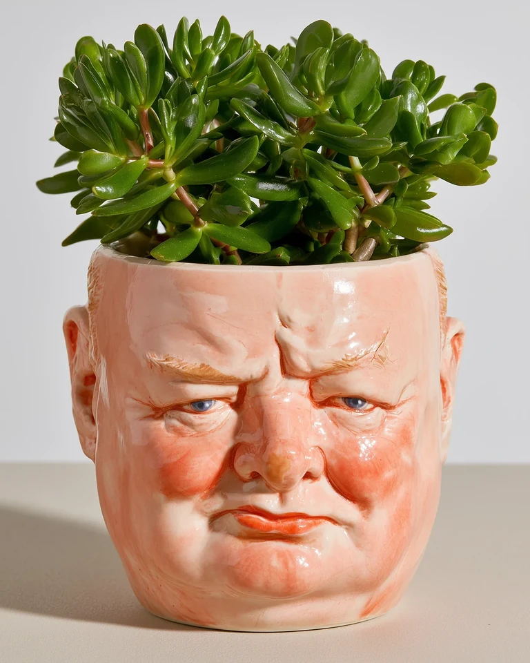 Growing Personalities — Keramisches Porträt-Pflanzgefäß · Winston Churchill · Sukkulentenblätter