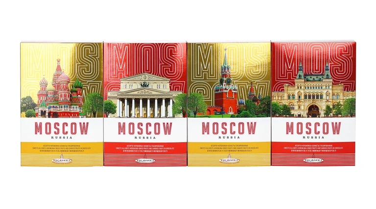 Candy Moscow — Pralinen-Geschenkverpackungen · Vier Varianten · Vorderansicht
