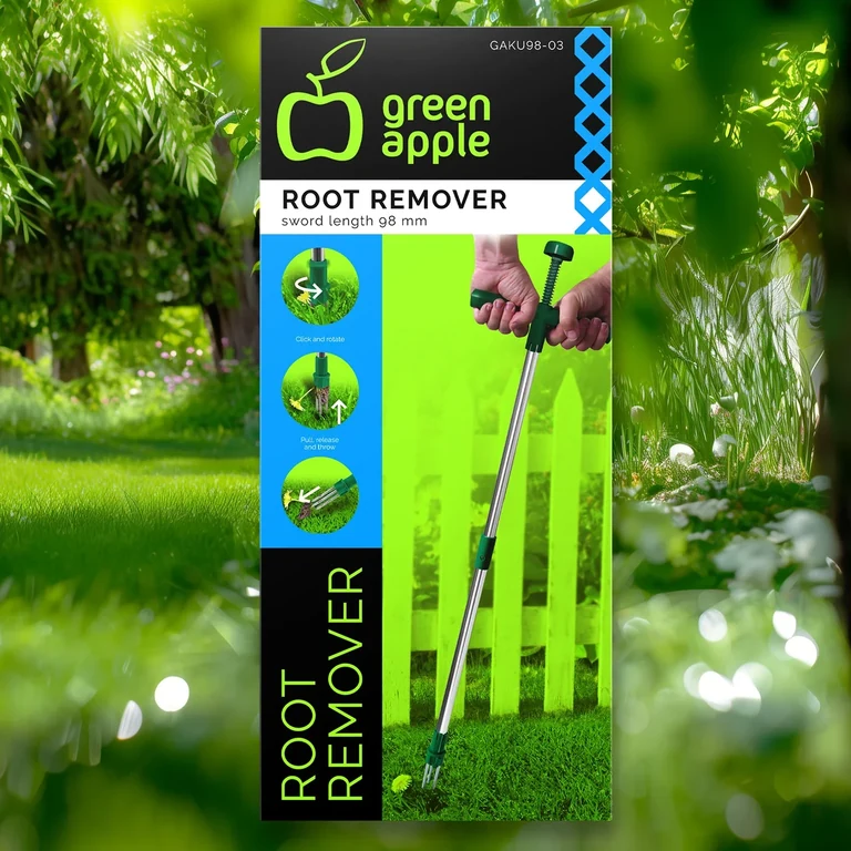 GREEN APPLE — Unkrautstecher in grüner Verpackung · Im Garten fotografiert