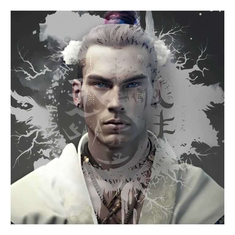 New Age Shamans — Porträt mit überlagerten grafischen Symbolen · Weiße Farbvariante