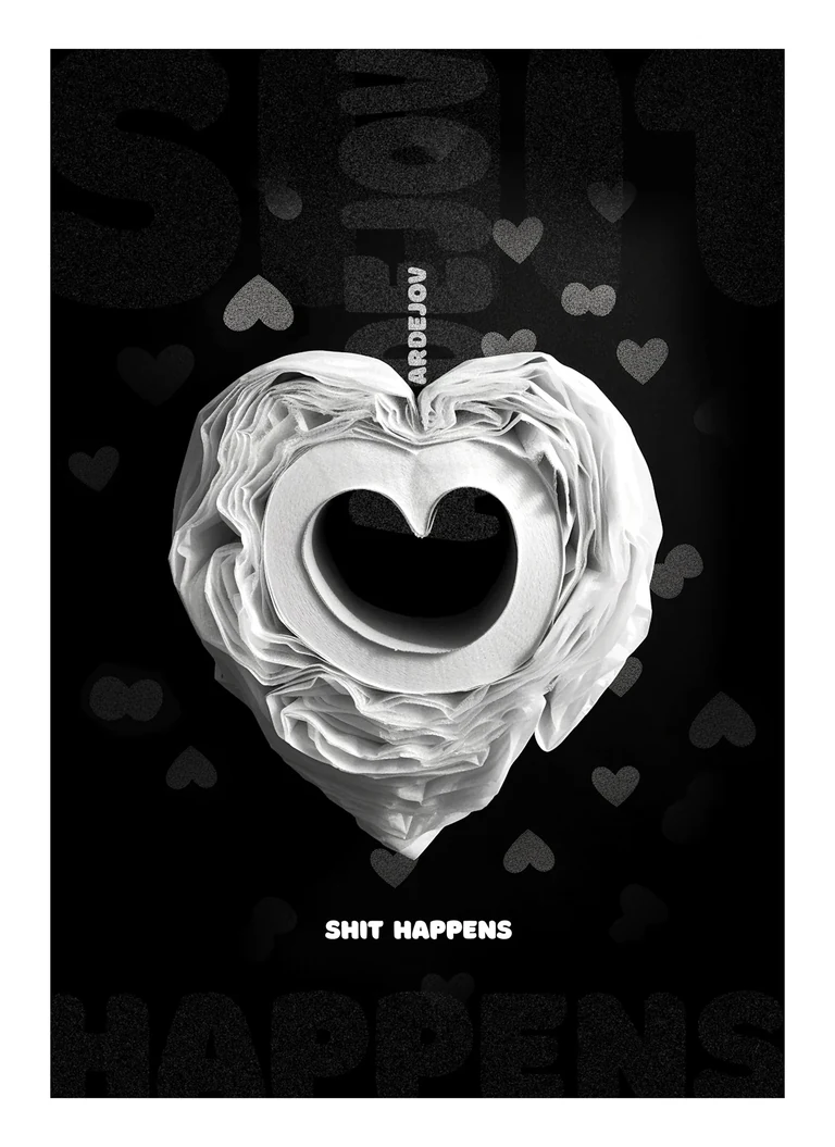 Shit Happens · Bardejov — Plakat · Weißes skulpturales Gesicht mit herzförmiger Öffnung
