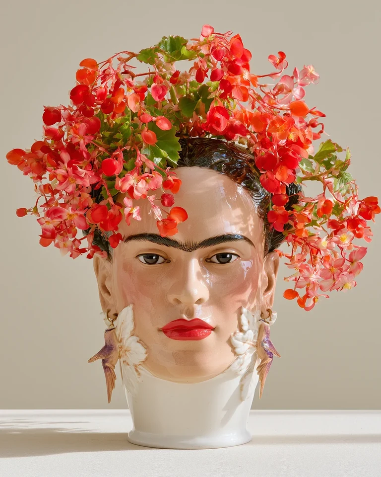 Growing Personalities — Keramisches Porträt-Pflanzgefäß · Frida Kahlo · Rote Blüten