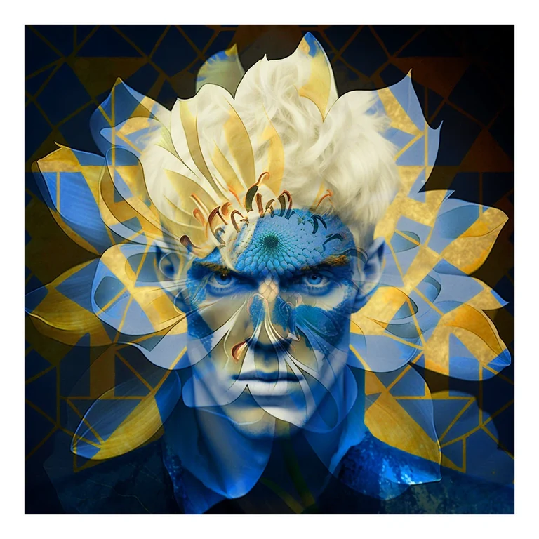 Flower Men — Männerporträt, durchwoben von Blütenblättern · Gelbe Farbvariante