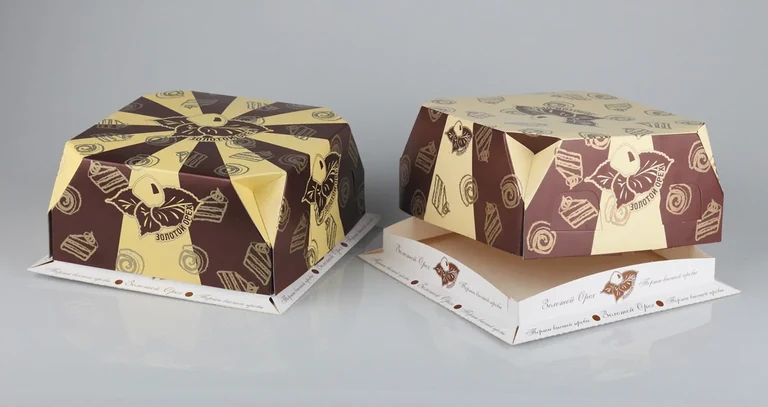 Golden Nut — Tortenverpackung · Braun-cremefarbene Komposition · Zwei Varianten