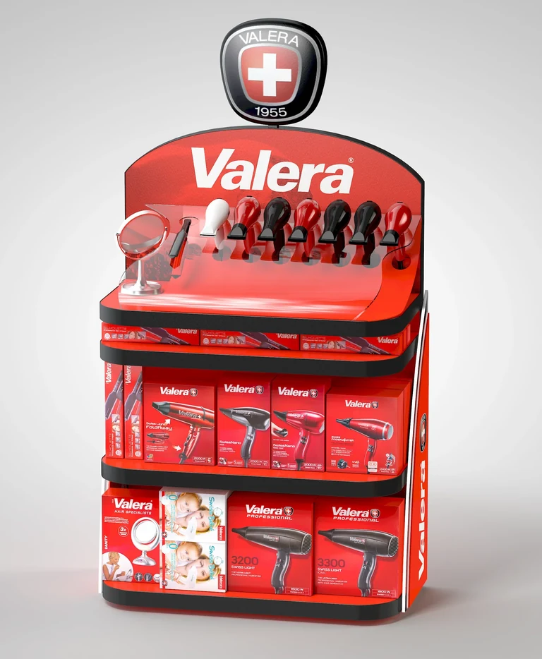Valera / Verkaufsdisplay — Freistehendes Haartrocknerdisplay · Vorderansicht