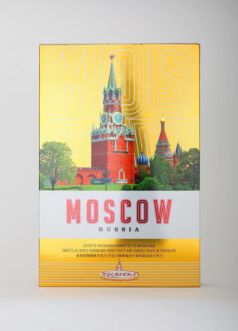 Candy Moscow — Pralinen-Geschenkverpackungen · Spasski-Turm des Kremls