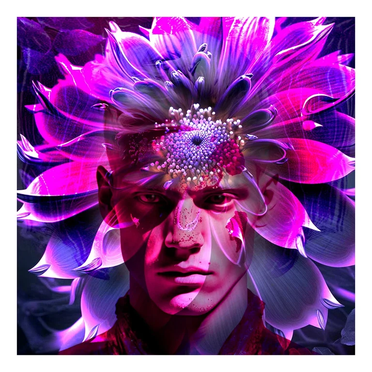 Flower Men — Männerporträt, durchwoben von Blütenblättern · Violette Farbvariante