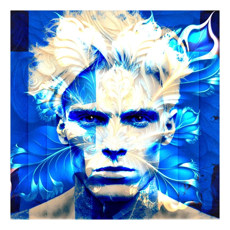 Flower Men — Männerporträt, durchwoben von Blütenblättern · Blaue Farbvariante
