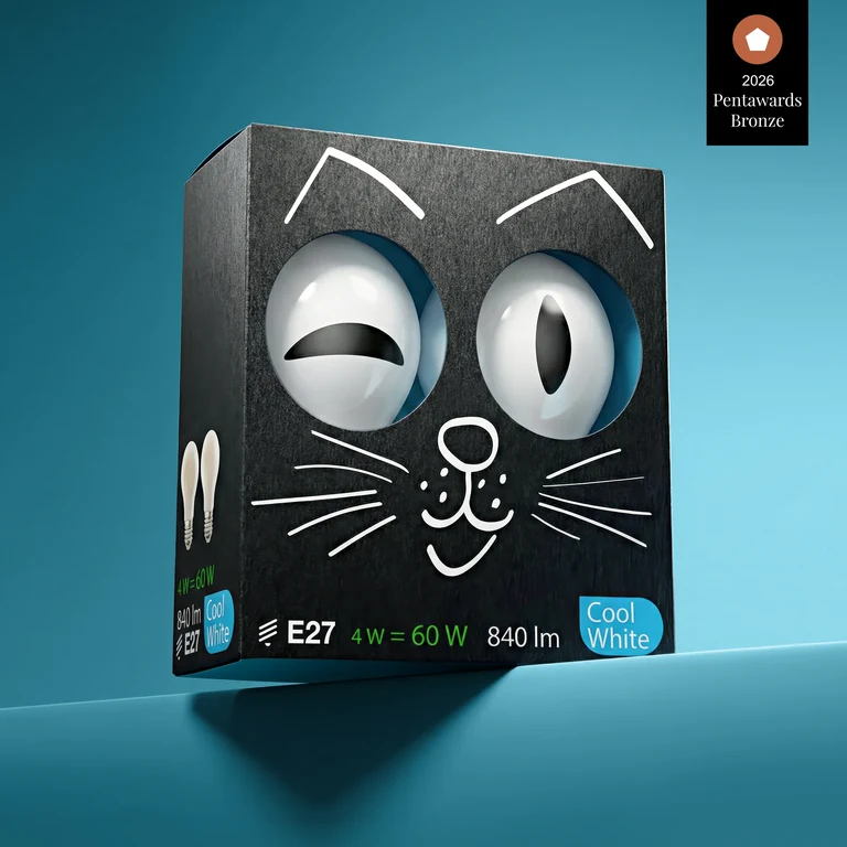 Verpackung in Form einer schwarzen Katze vor blauem Hintergrund — Pentawards 2026 · Bronze