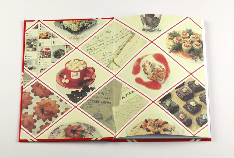 Kulinarmagie — Collage aus Rezepten und Fotos auf der Innenseite des Umschlags