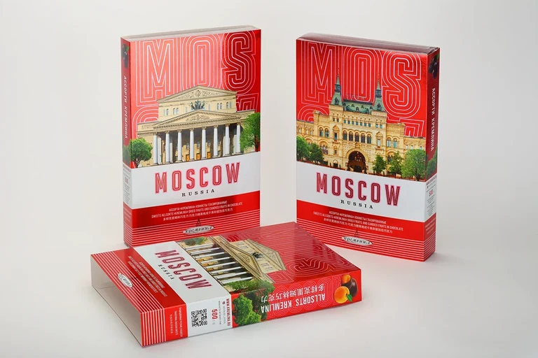 Candy Moscow — Pralinen-Geschenkverpackungen · Rote Farbvariante · Drei Varianten