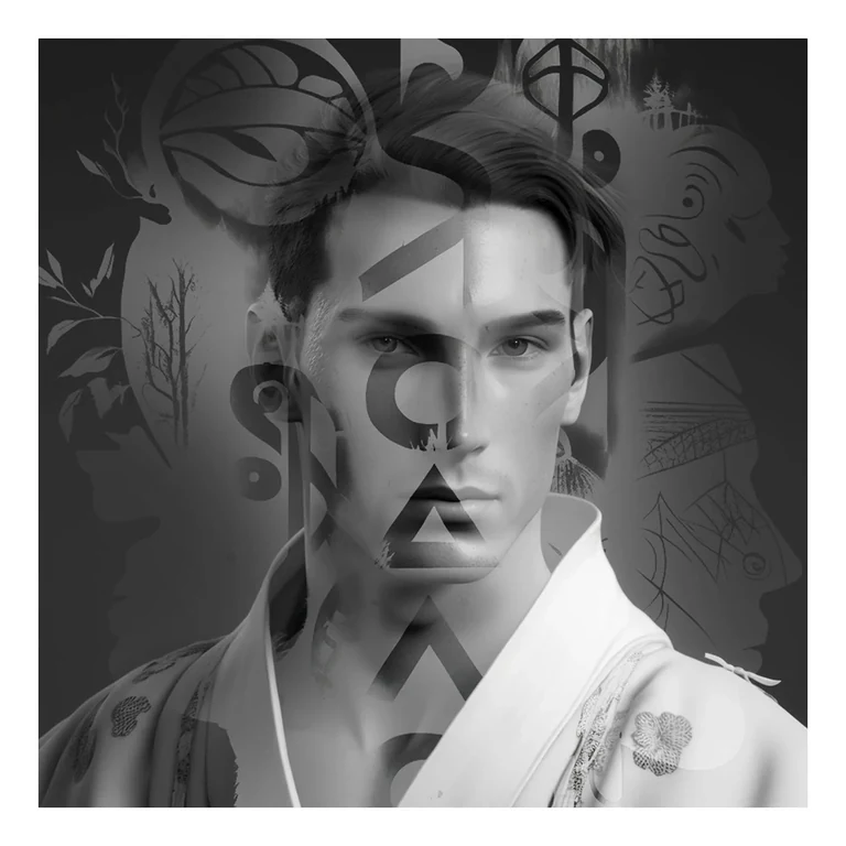 New Age Shamans — Porträt mit überlagerten grafischen Symbolen · Monochrome Komposition