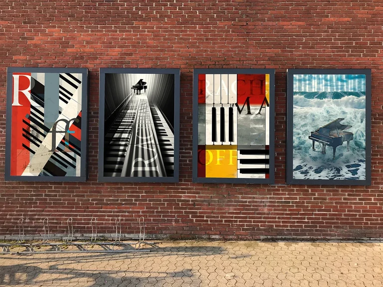 Rachmaninow 150 — Vier Plakate an einer Backsteinwand