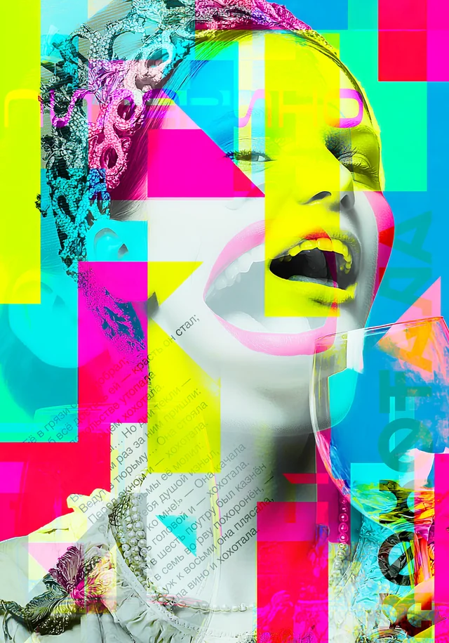 Lachende Frau mit Weinglas in einer neonfarbenen Collage mit Schrift